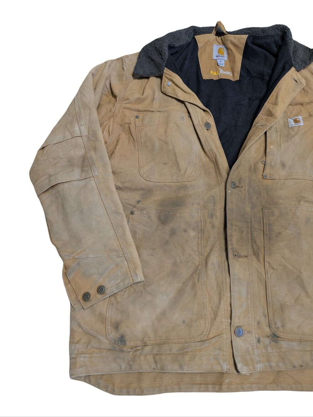 Carhartt Brown Tan Canvas Work Jacket with Black Sherpa Collar